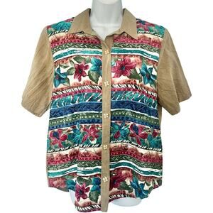 Vintage 90s Brown Floral Striped Short Sleeve Collared Button Down Shirt size M
